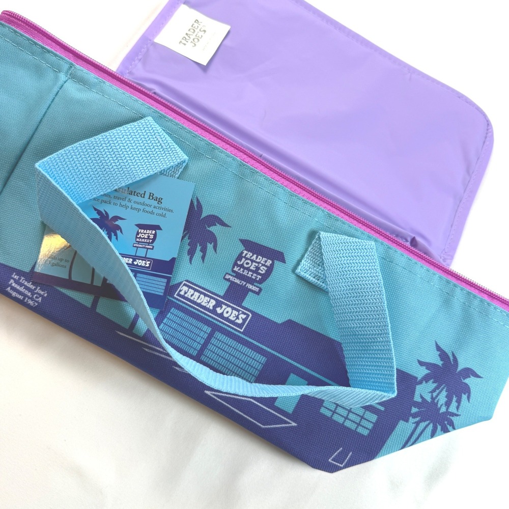 Trader Joe's Mini Insulated Bag Unisex Mini Teal Purple Palm Tree NWT